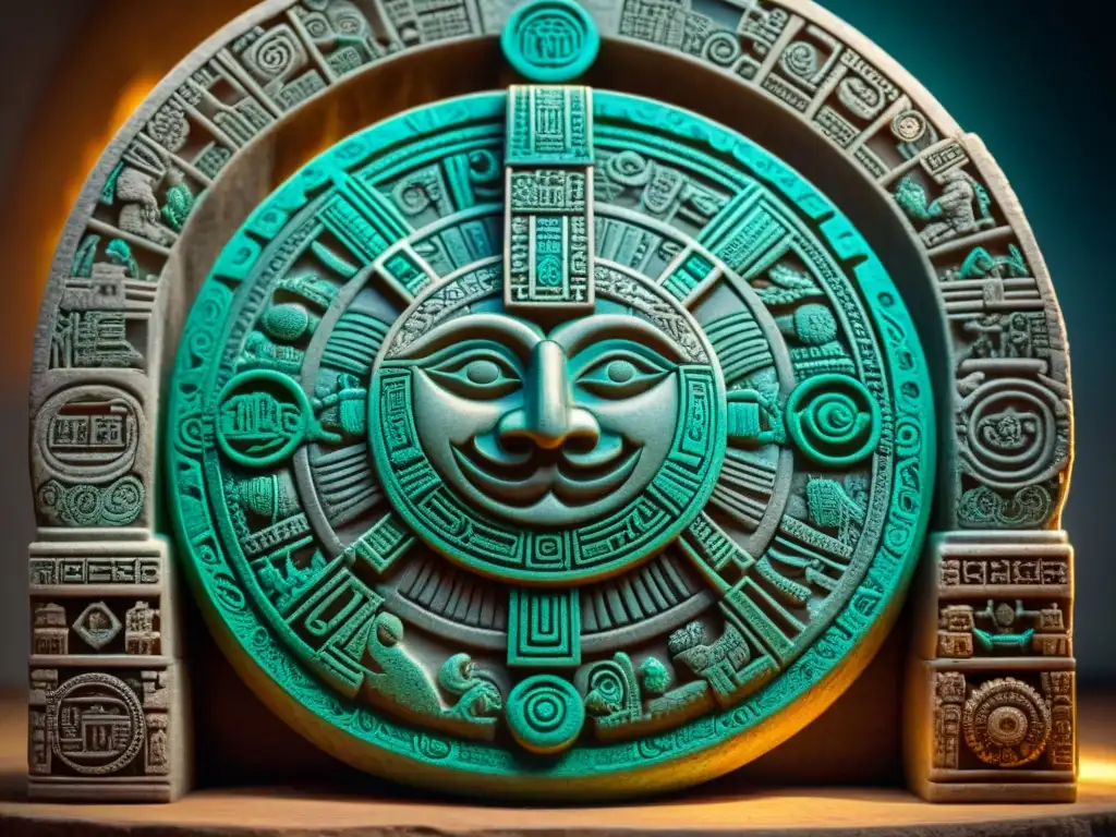 Detalle impresionante del calendario maya esculpido, muestra la astronomía en civilización maya con precisión y reverencia