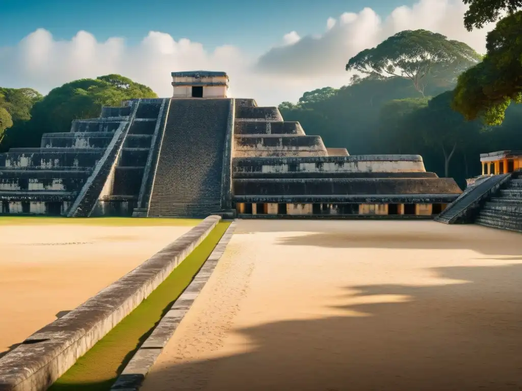 Detalle impresionante del campo de juego de pelota maya en Chichén Itzá, destacando su arquitectura y detalles intrincados