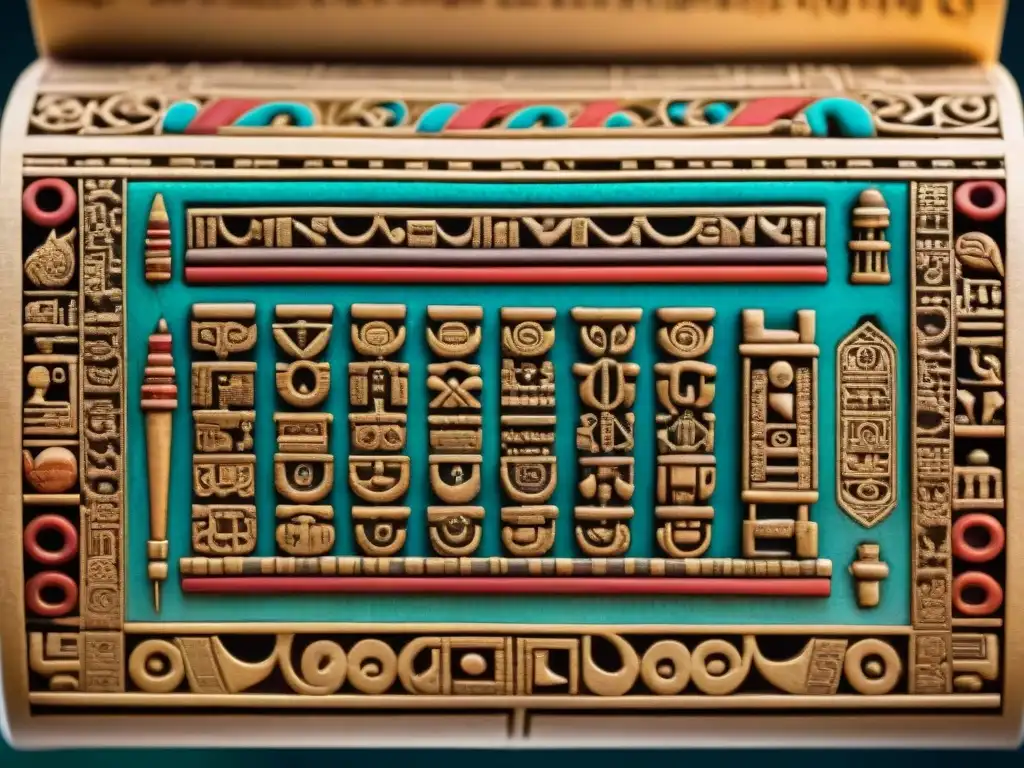 Detalle impresionante del codex maya, resaltando la importancia de los códices mayas con colores vibrantes y jeroglíficos elaborados