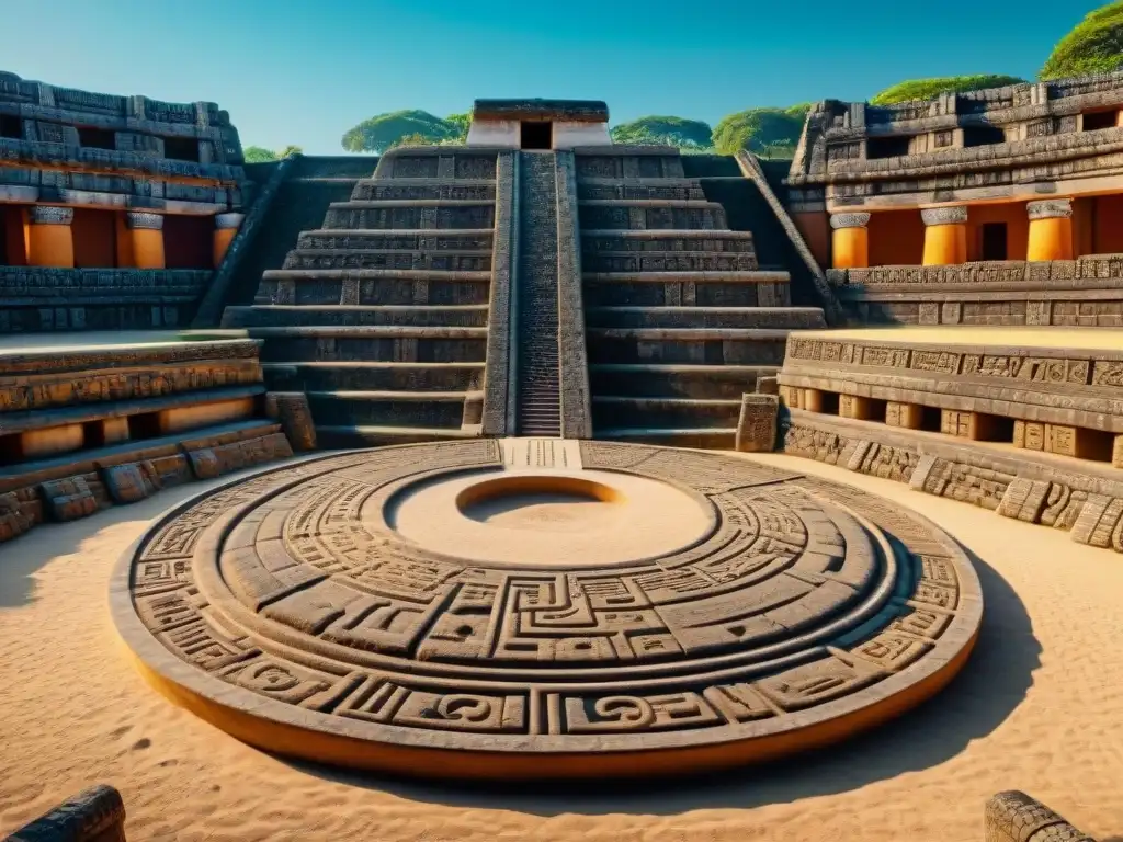 Arquitectura maya: diseño detallado del juego de pelota Detalle impresionante de la construcción de las canchas de pelota mayas, resaltando su grandiosidad y significado cultural