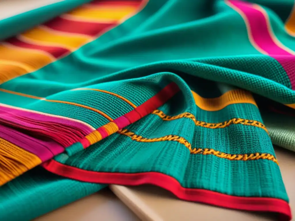 Detalle impresionante de una creación textil en civilización maya, con colores y patrones vibrantes