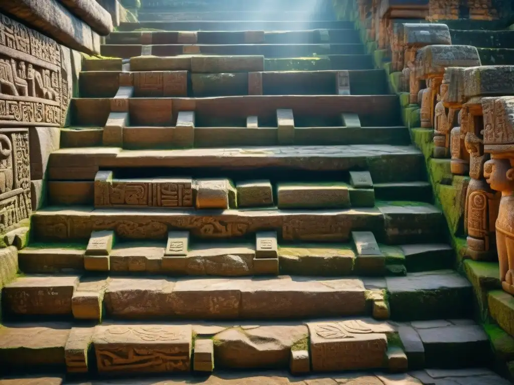 Detalle impresionante de las escaleras de la Estructura 33 en Yaxchilán, mostrando la historia, arquitectura y cultura maya