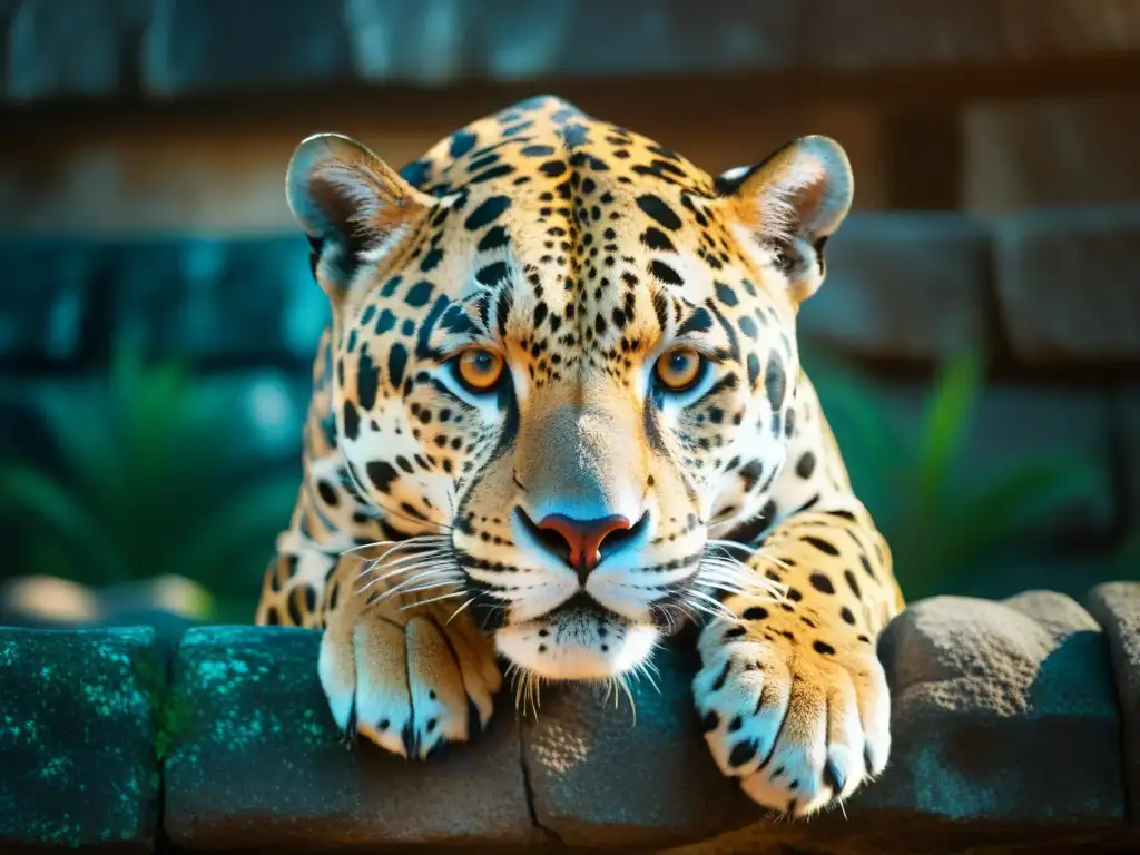 Detalle impresionante de jaguar esculpido en relieve de piedra en sitio arqueológico maya