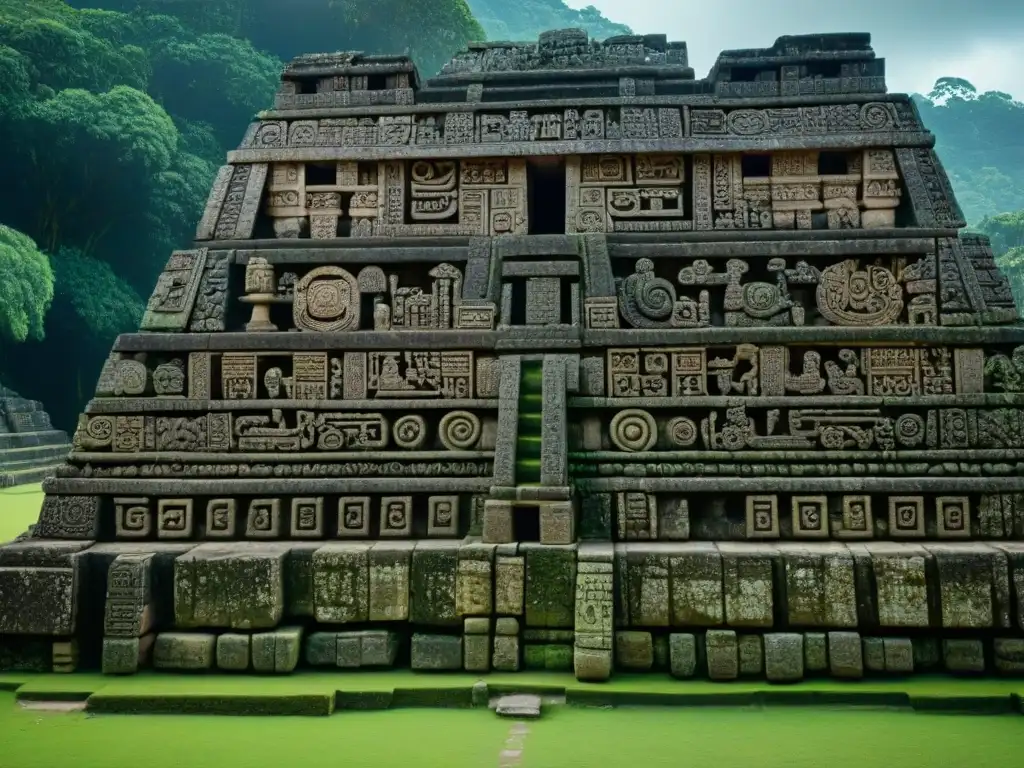 Detalles Mayas en Yaxchilán: Esculturas en Piedra Detalle impresionante de las esculturas y grabados en piedra del sitio arqueológico maya de Yaxchilán