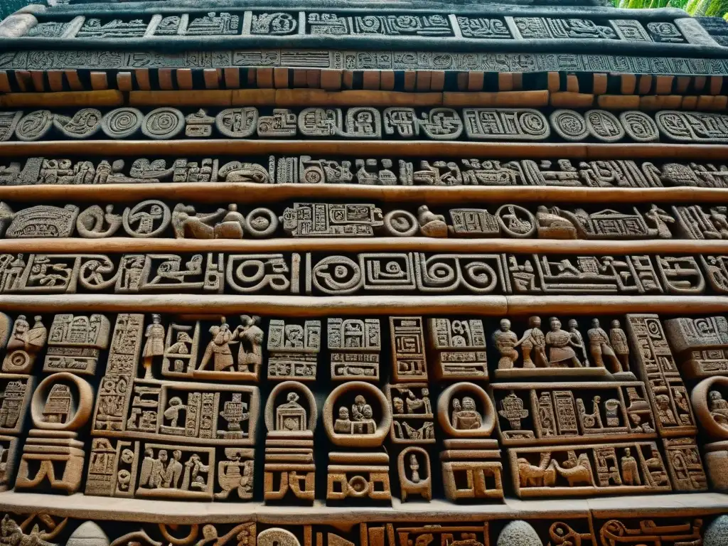 Detalle impresionante de las esculturas y jeroglíficos en el Palacio de Sayil, reflejando la vida cotidiana maya en Sayil