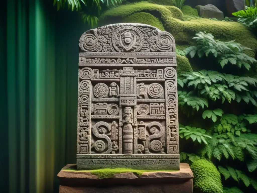 Estela maya de Piedras Negras: detalle ancestral Detalle impresionante de una estela maya tallada en Piedras Negras, con jeroglíficos y figuras simbólicas