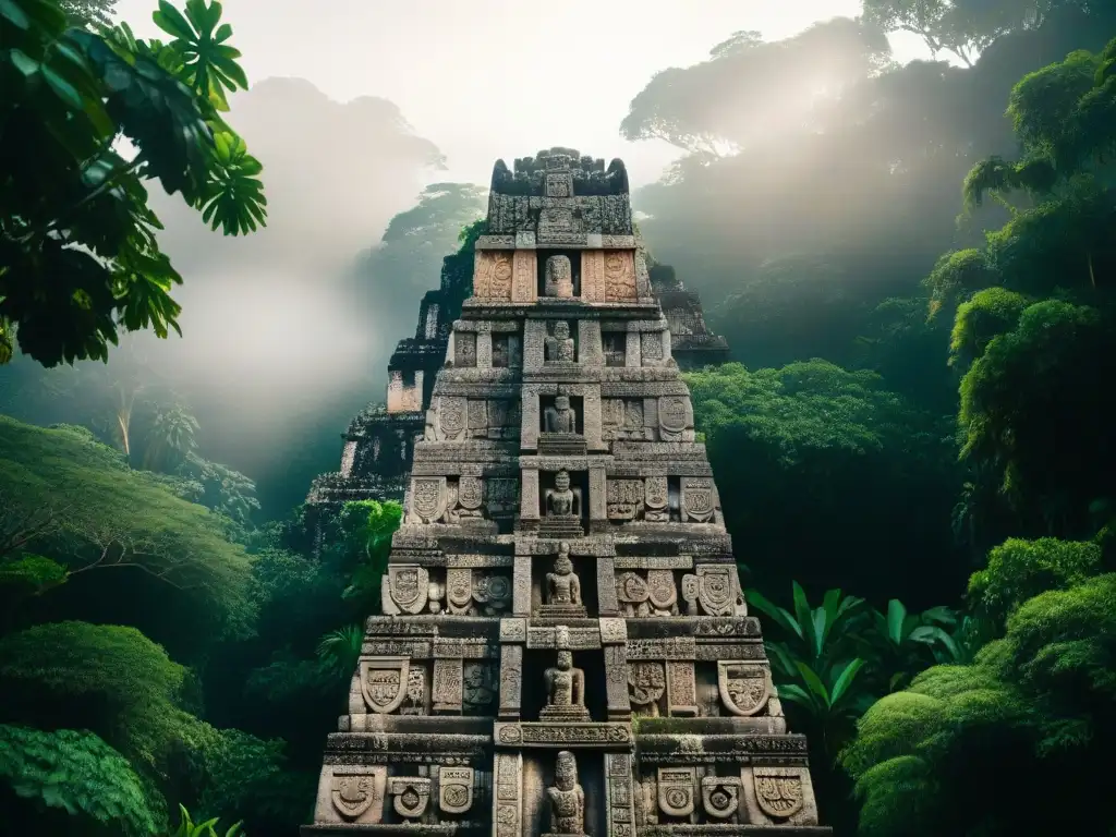 Detalle impresionante de una estela maya esculpida, en la selva