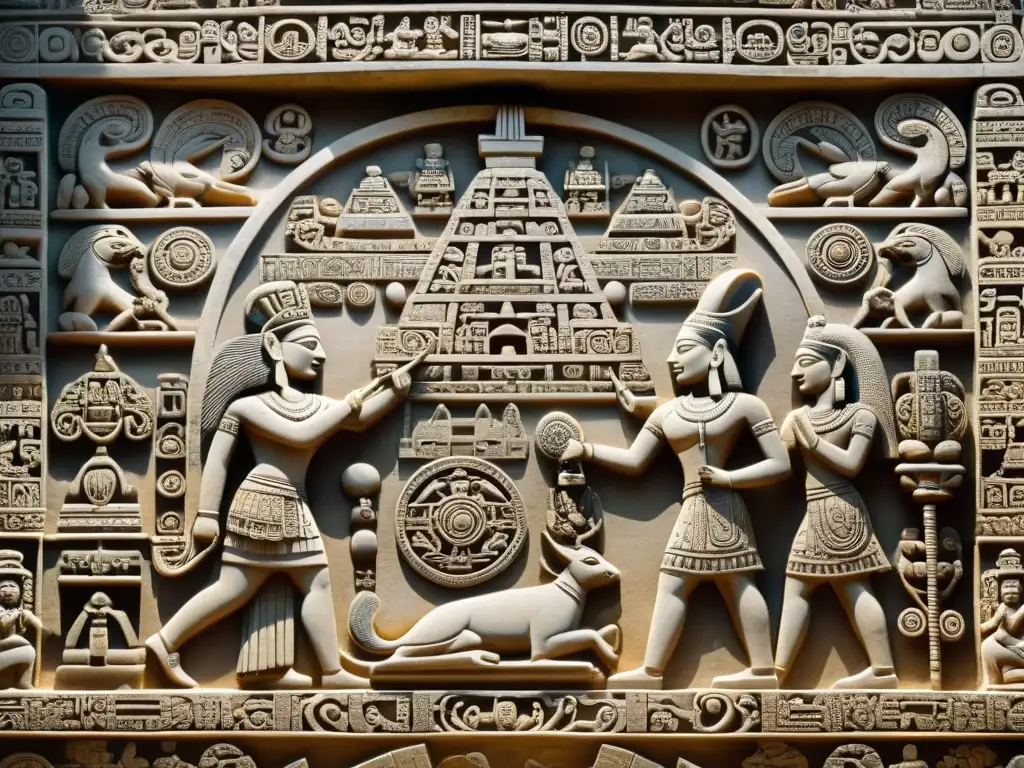 Detalle impresionante de una estela maya tallada, iluminada por el sol