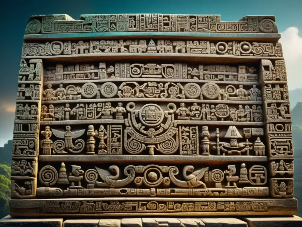 Detalle impresionante de una estela maya antigua, revelando el sofisticado Sistema de escritura en maya