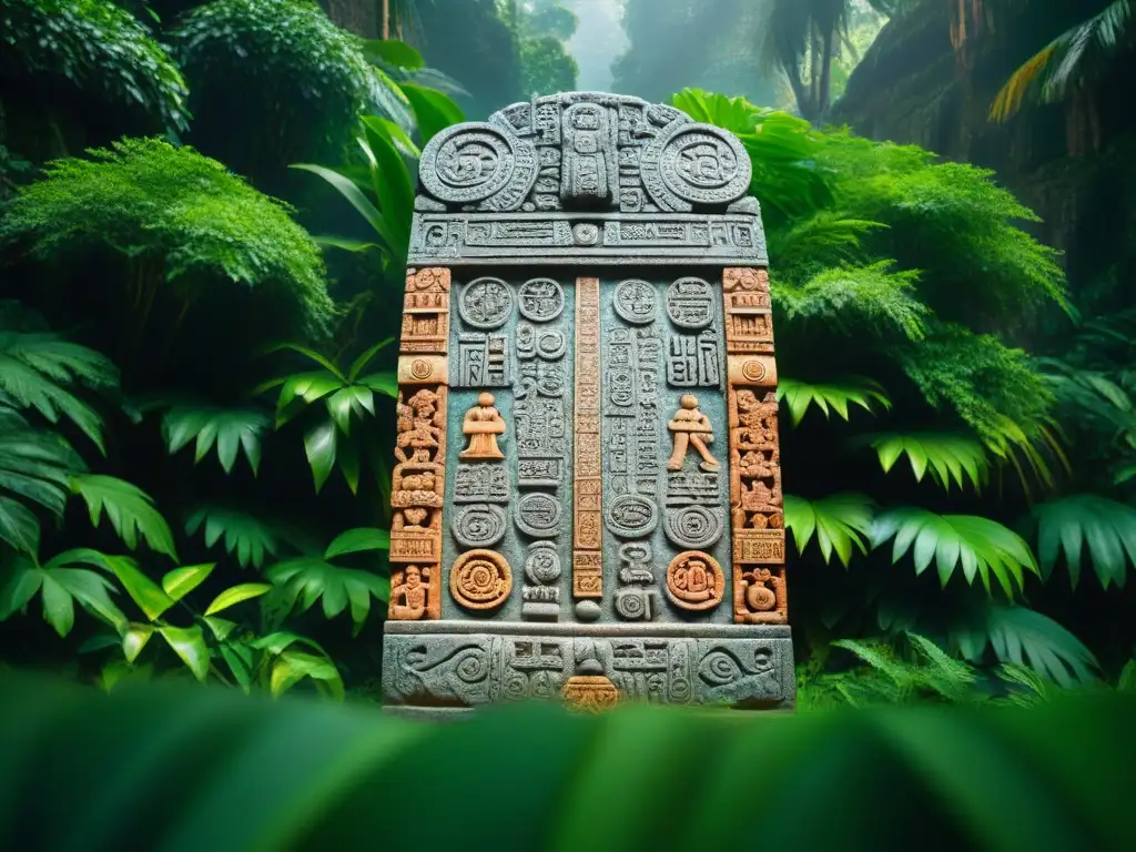 Detalle impresionante de una estela maya en la selva, destacando la Escritura maya en arqueología