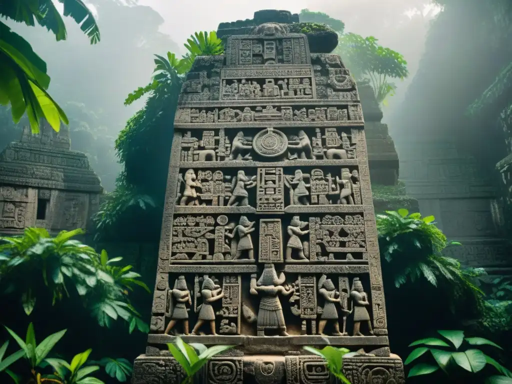 Detalle impresionante de estela maya con motivos arquitectónicos y simbolismo cultural en la selva