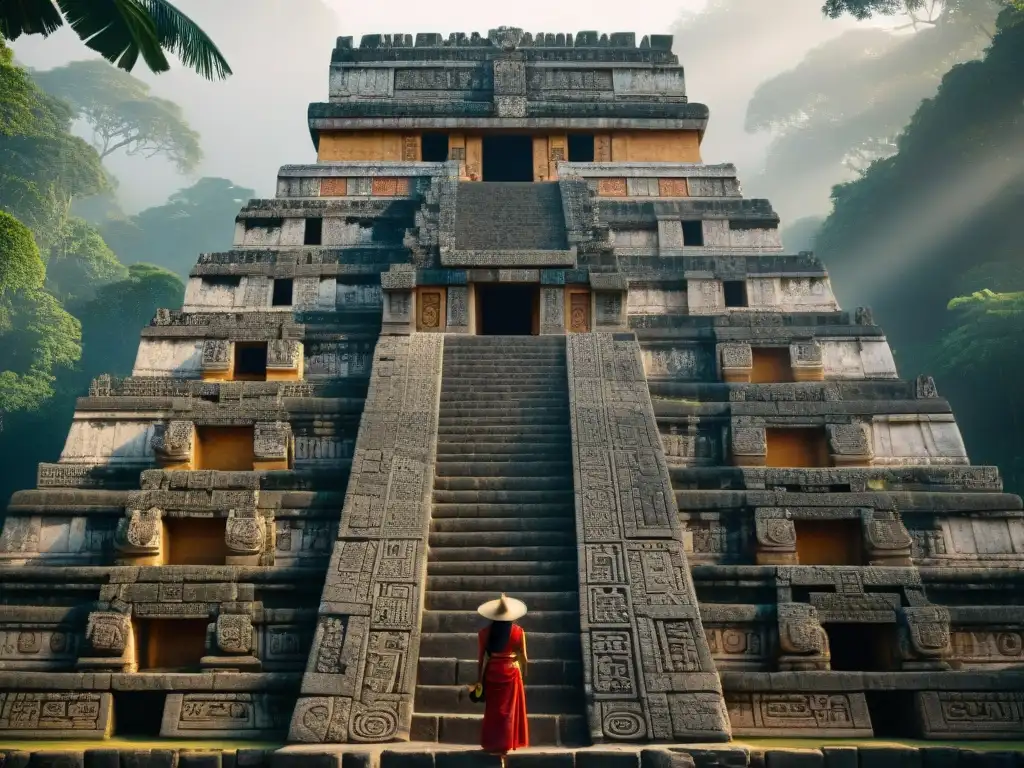 Detalle impresionante del estuco en arquitectura maya en el Templo de las Máscaras en Kohunlich, destacando máscaras, patrones y jeroglíficos