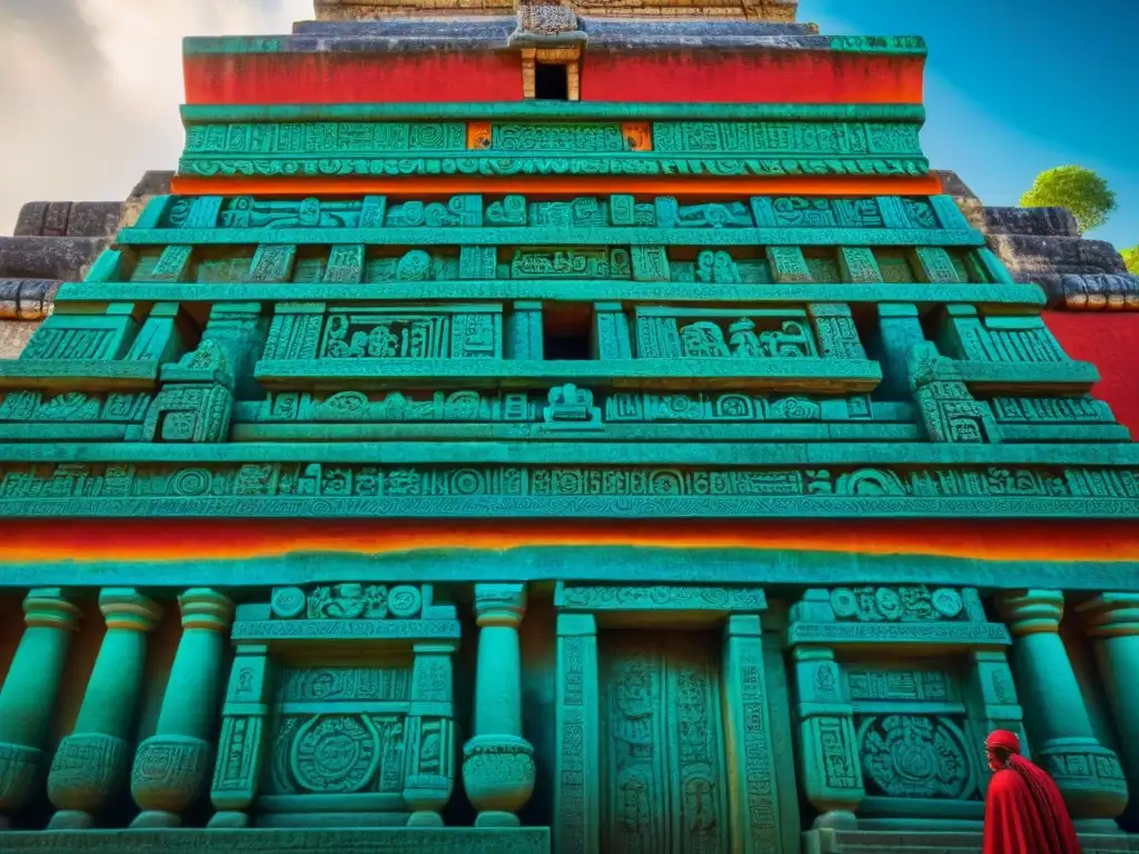 Detalles asombrosos de un templo maya en ruinas Detalle impresionante de una fachada de templo maya con pigmentos, destacando la artesanía y belleza duradera