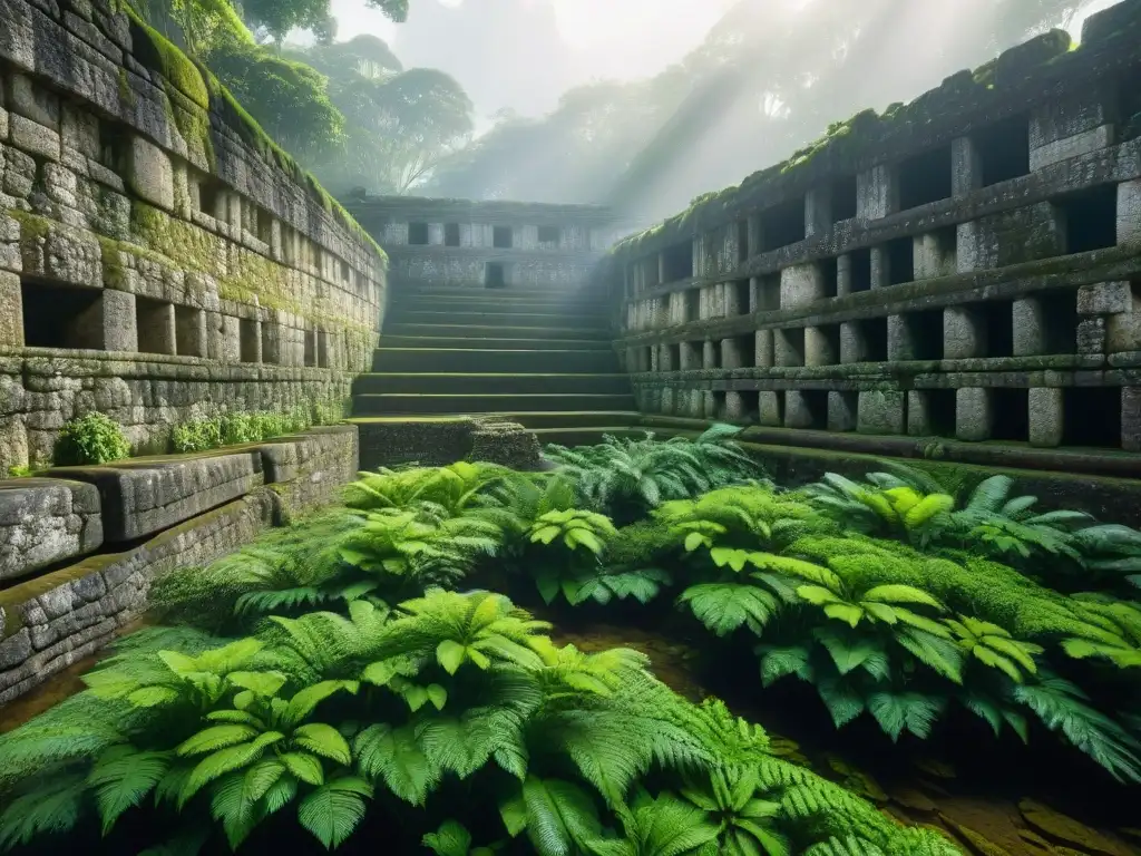 Detalle impresionante del foso defensivo en la ciudad antigua de Becán en la selva maya, con piedras y plantas entre ellas