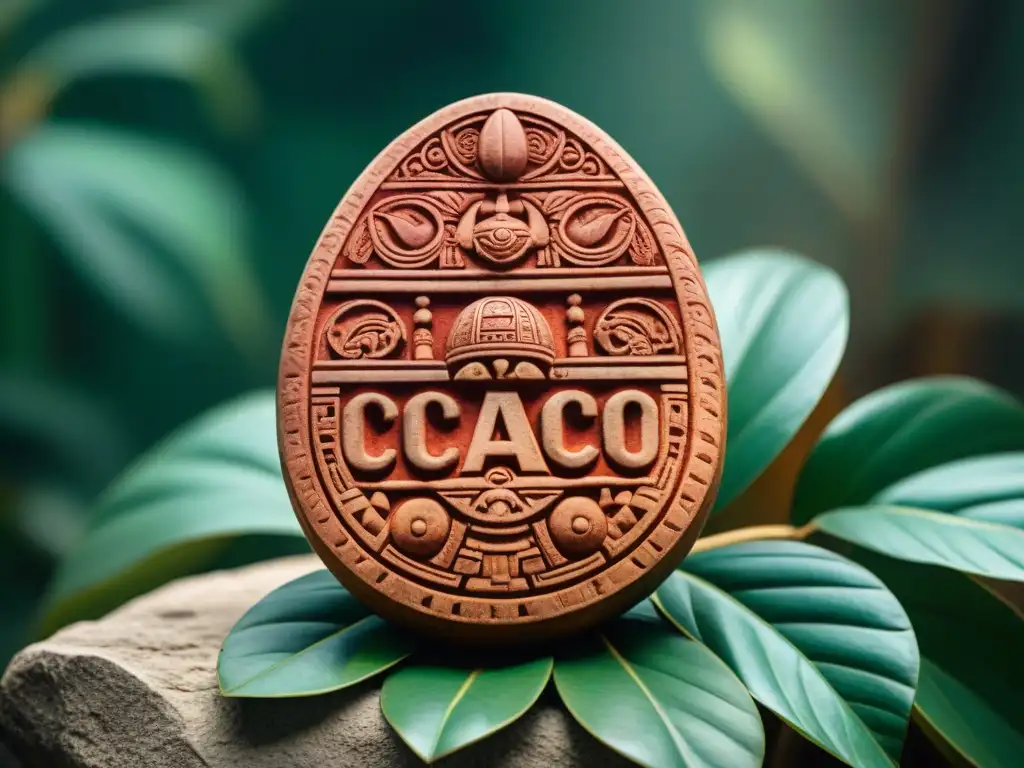 Detalle impresionante de un glifo maya tallado en piedra, representando el sagrado cacao