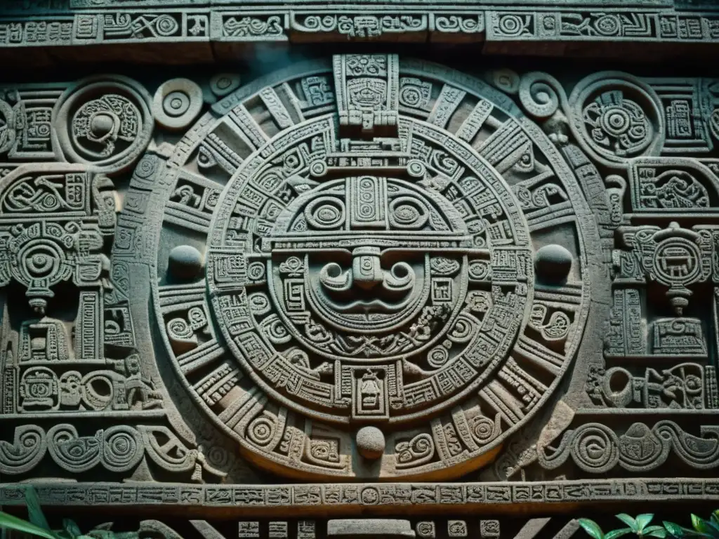 Detalle impresionante de los glifos esculpidos del calendario maya en Tikal, resaltando su simbolismo y complejidad