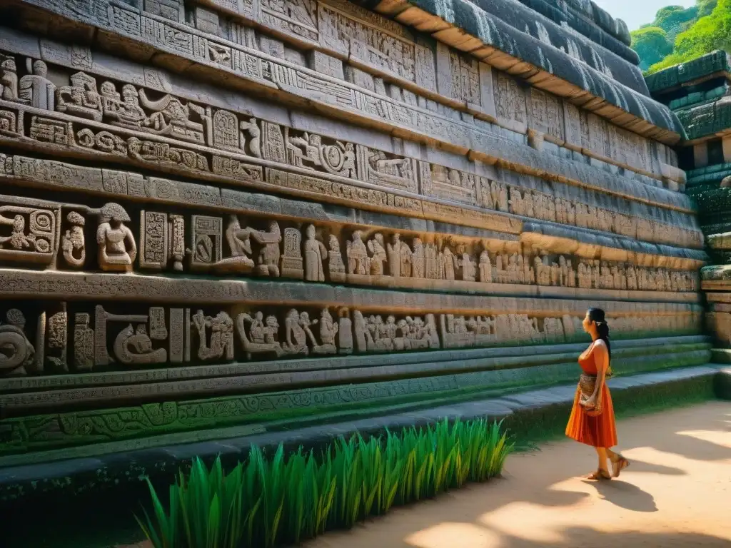 Detalle impresionante de las inscripciones y tallados en el Templo de las Inscripciones en Palenque, revelando los secretos de ruinas mayas Palenque