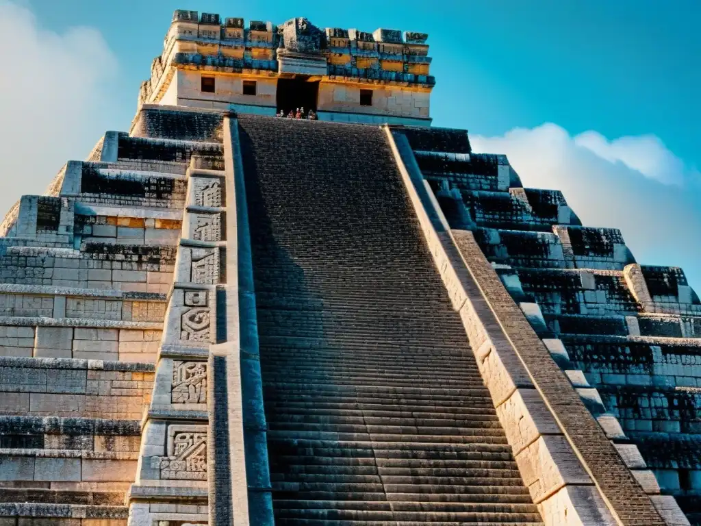 Detalle impresionante de las intrincadas esculturas y detalles arquitectónicos del Templo de Kukulkán en Chichén Itzá