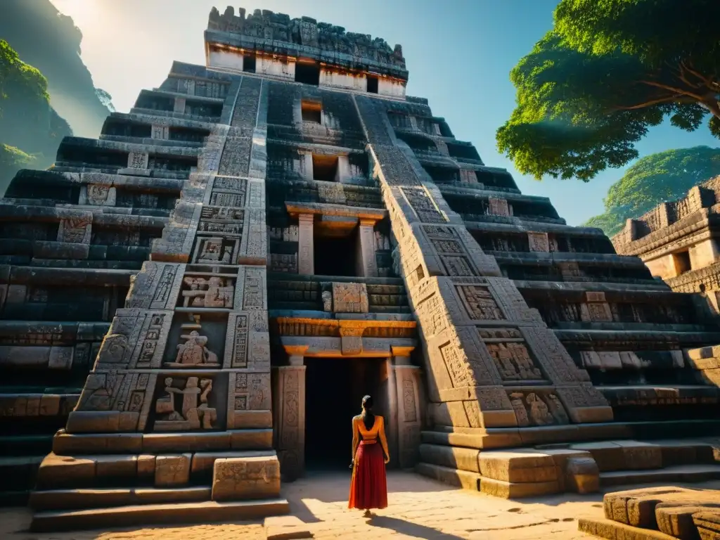 Detalle impresionante de las intrincadas esculturas en un templo maya, resaltando la ingeniería y tecnología en la construcción