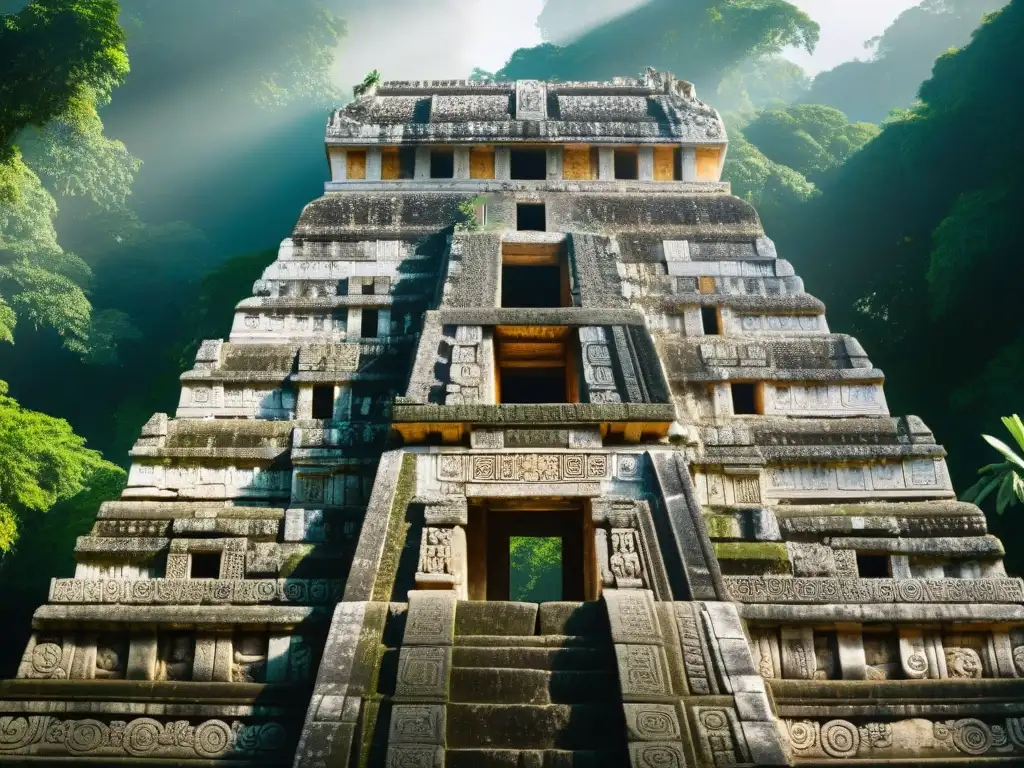 Detalle impresionante de las intrincadas esculturas y glifos en el Templo de las Inscripciones en Palenque, con juego de luz y sombra