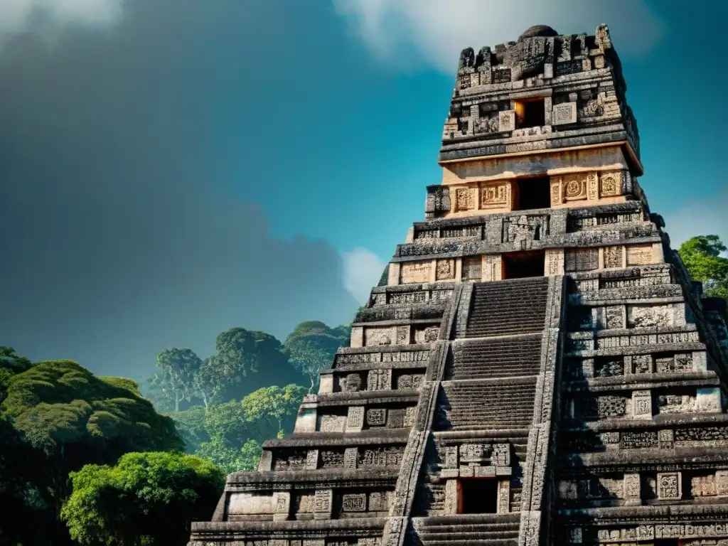 Detalle impresionante de las intrincadas piedras esculpidas en un templo maya, destacando las Técnicas de construcción mayas innovadoras