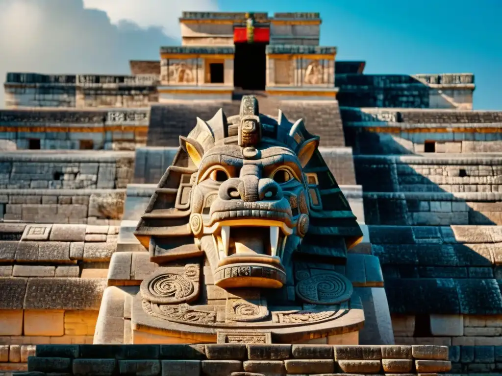 Detalle impresionante de las intrincadas tallas de la serpiente emplumada en el Templo Kukulkán calendario solar