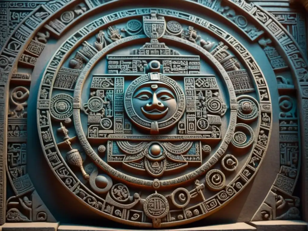 Detalle impresionante de las intrincadas tallas en piedra del calendario maya, resaltando los ciclos cósmicos mayas