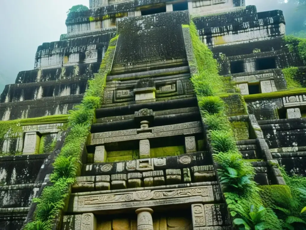 Detalle impresionante de las intrincadas tallas en las antiguas estructuras de piedra en Tikal, resaltando la maestría arquitectónica maya