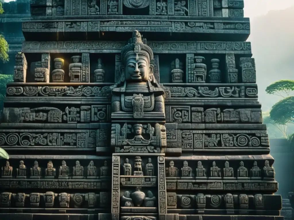 Detalle impresionante de las intrincadas tallas de piedra en el templo maya, rodeadas de exuberante vegetación