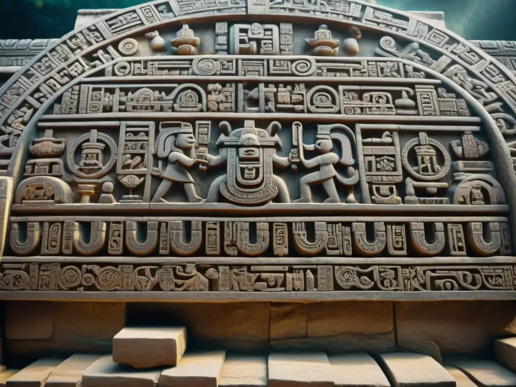 Detalle impresionante de jeroglíficos mayas tallados en piedra, resaltando la riqueza cultural y el aseo personal en cultura maya