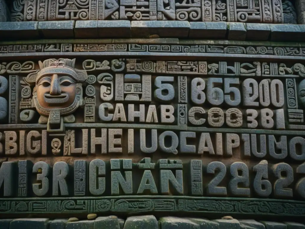 Detalle impresionante de jeroglíficos mayas esculpidos en piedra en Copán, mostrando la riqueza cultural