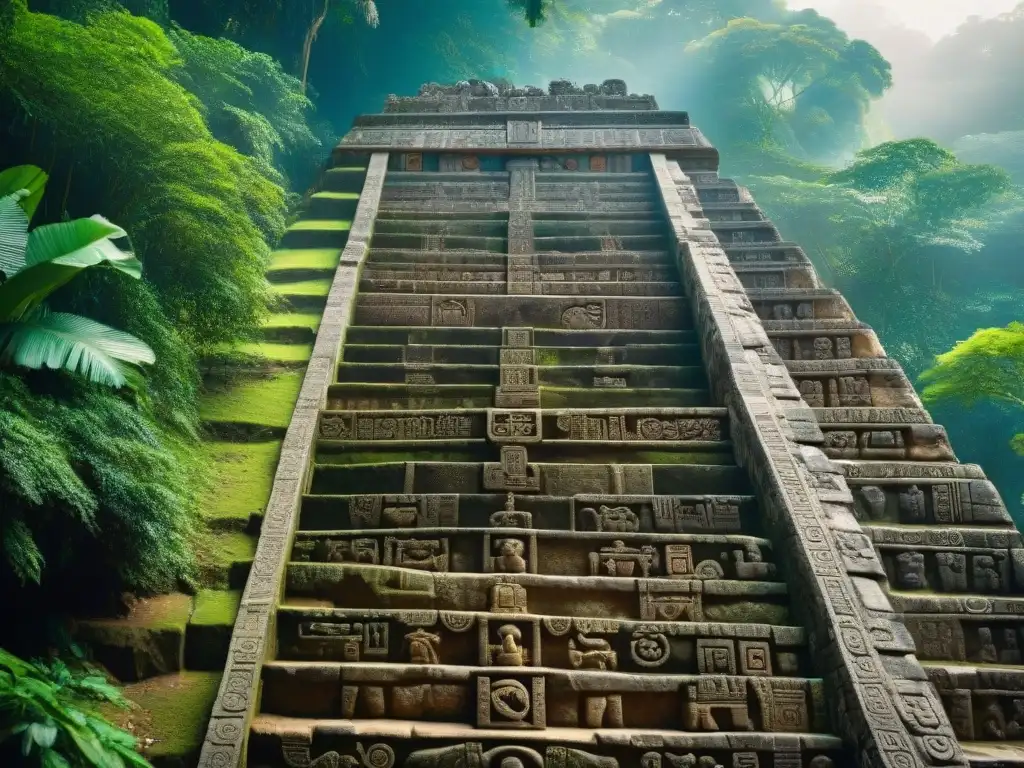 Detalle impresionante de la majestuosa escultura maya 'La Escalera Jeroglífica' en Copán, Honduras, una de las Esculturas mayas más emblemáticas