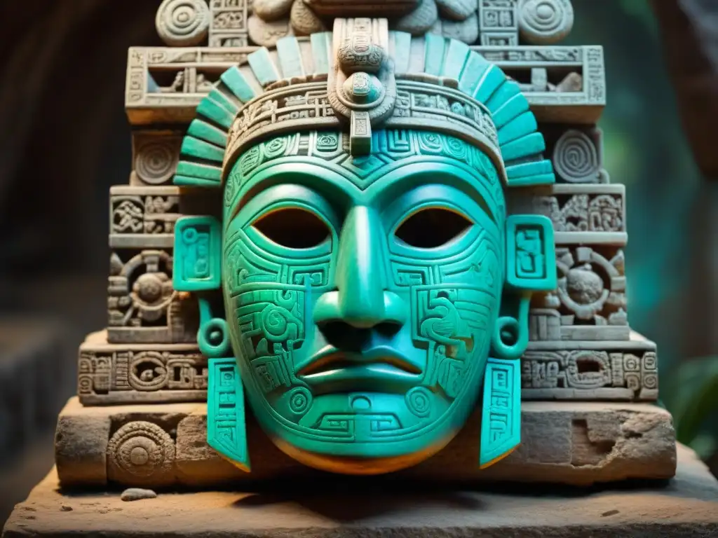 Detalle impresionante de máscara funeraria maya en jade con inscripciones jeroglíficas y adornos simbólicos