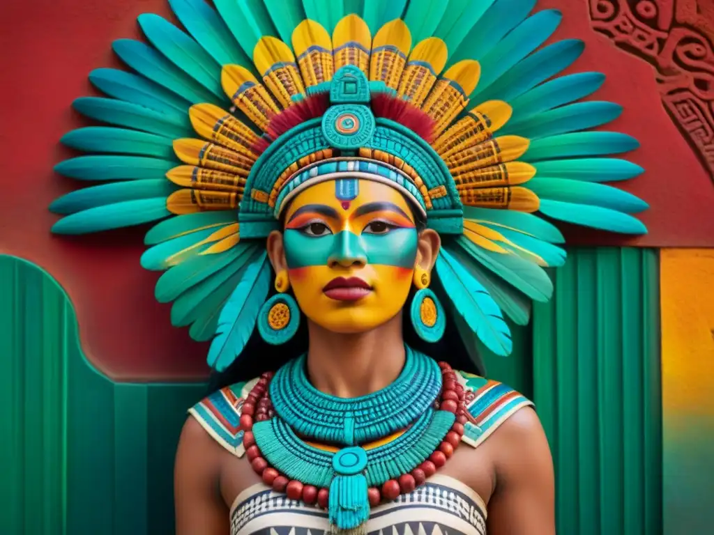 Detalle impresionante: mural maya vibrante con pigmentos y colores ricos, en azules, verdes, rojos y amarillos