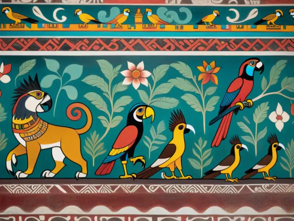 Detalle impresionante de mural maya con animales y símbolos, reflejando el significado de los animales en la pintura maya