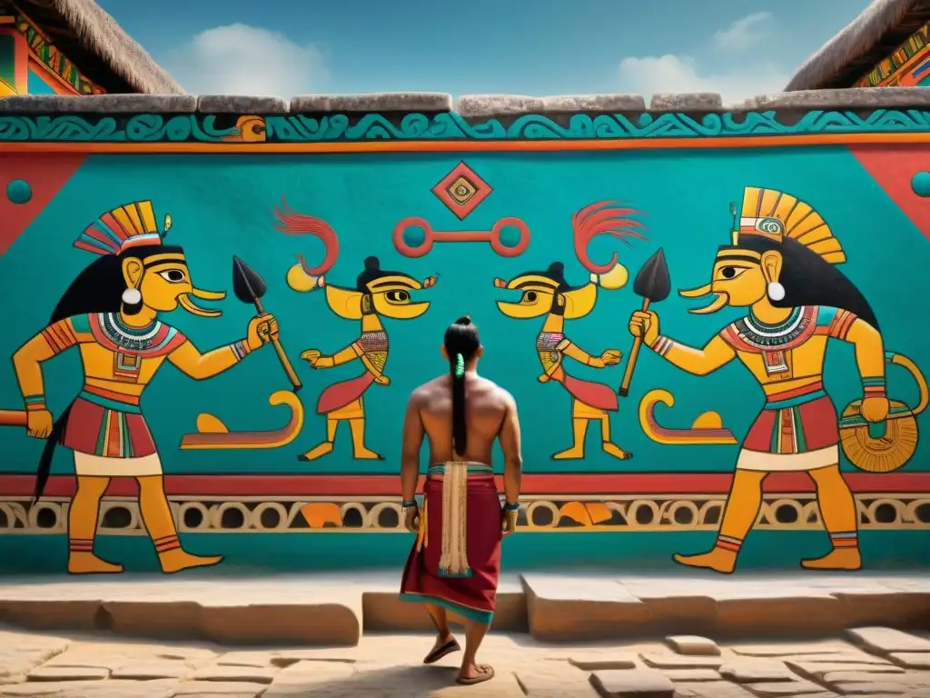 Detalle impresionante de los murales vibrantes de Bonampak, tesoro oculto civilización maya