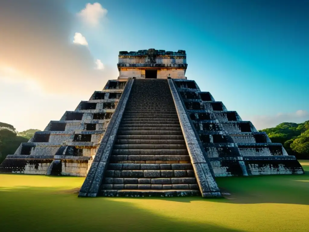 Detalle impresionante del Observatorio Maya Chichén Itzá con sombras dinámicas resaltando su diseño arquitectónico