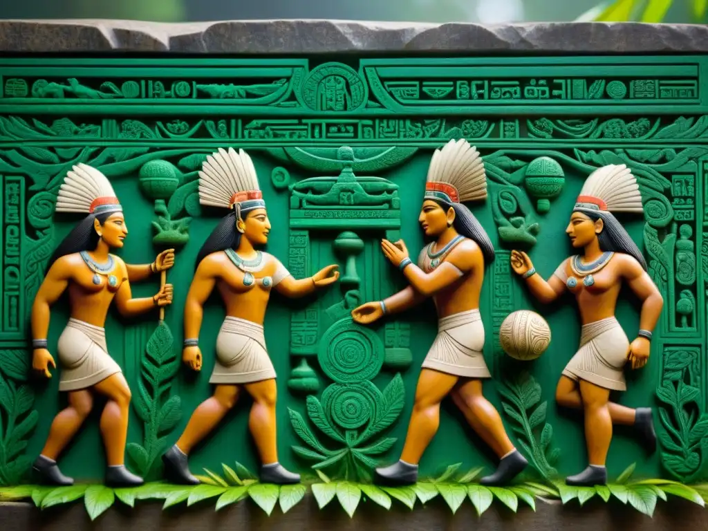 Detalle impresionante de panel de piedra del Juego de Pelota Maya interactivo en la selva, con intrincadas esculturas y jeroglíficos