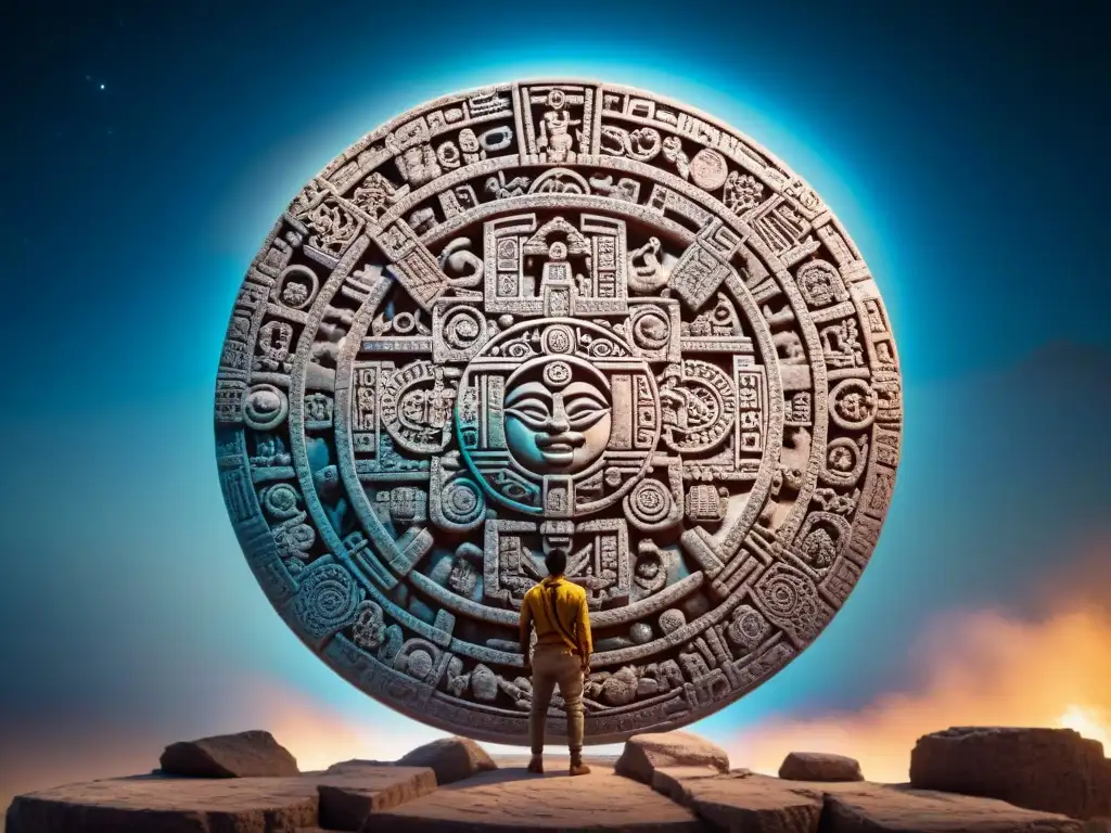 Detalle impresionante de la Piedra del Calendario Maya, reflejando la compleja Visión Maya del Inframundo y el Ciclo de la Vida