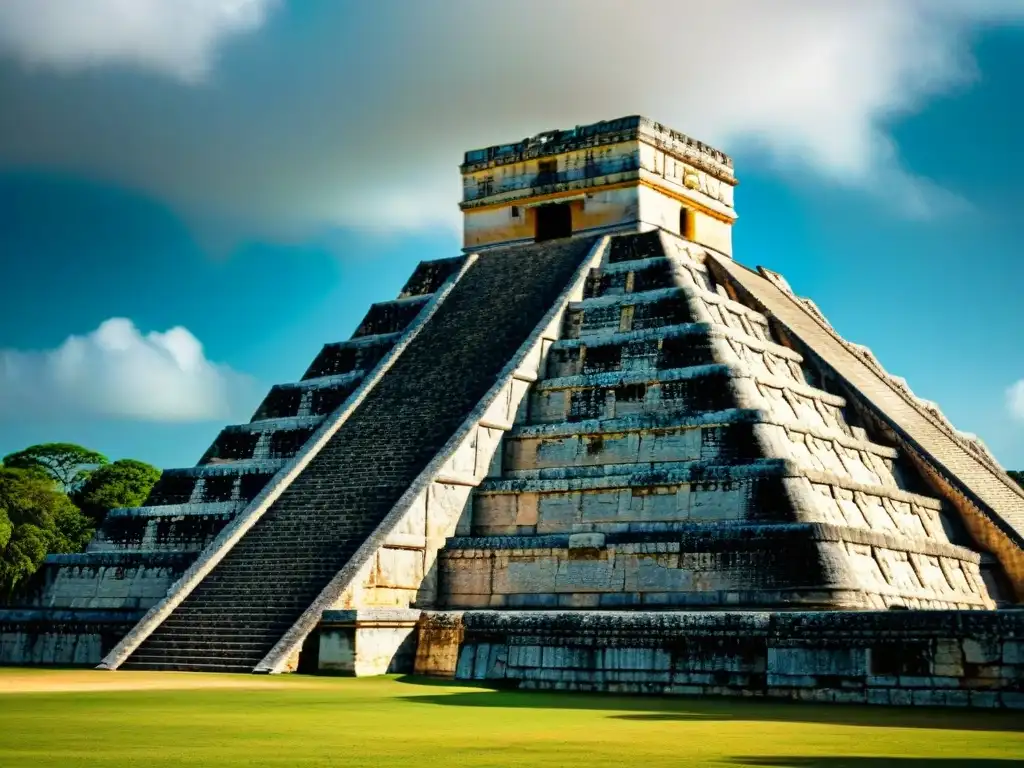 Detalle impresionante de la pirámide maya de Chichén Itzá resaltando sus relieves, juego de luces y sombras