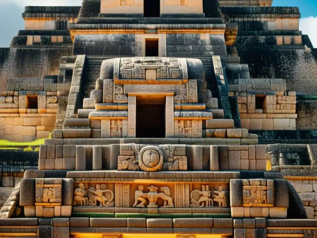 Detalle impresionante de las ruinas mayas de Uxmal, resaltando la leyenda del enano y la artesanía ancestral