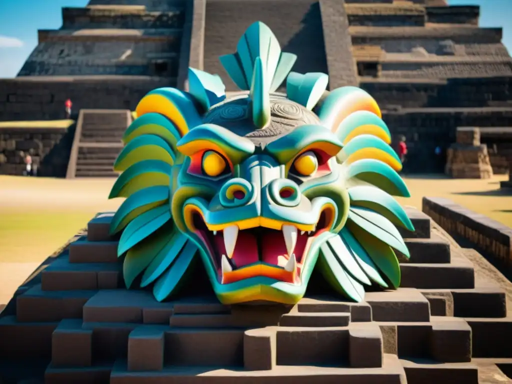 Detalle impresionante de la Serpiente Emplumada en Teotihuacan, México: colores vibrantes y sombras revelan el arte maya