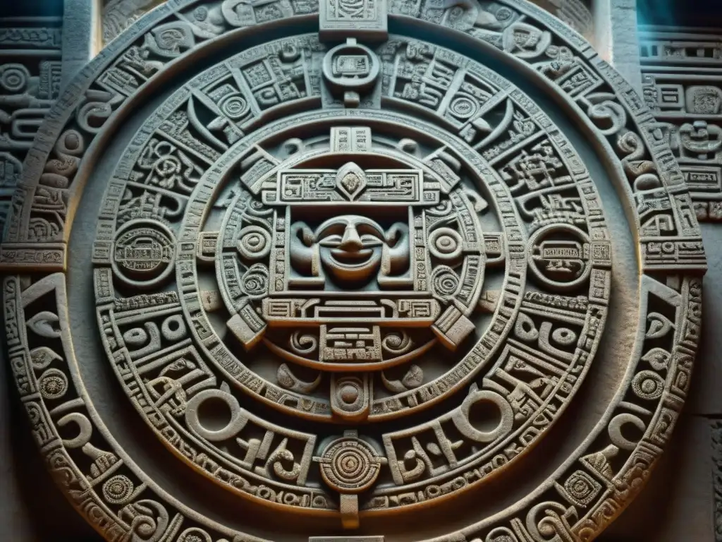 Detalle impresionante de una talla en piedra del calendario maya, resaltando la geometría en los calendarios mayas