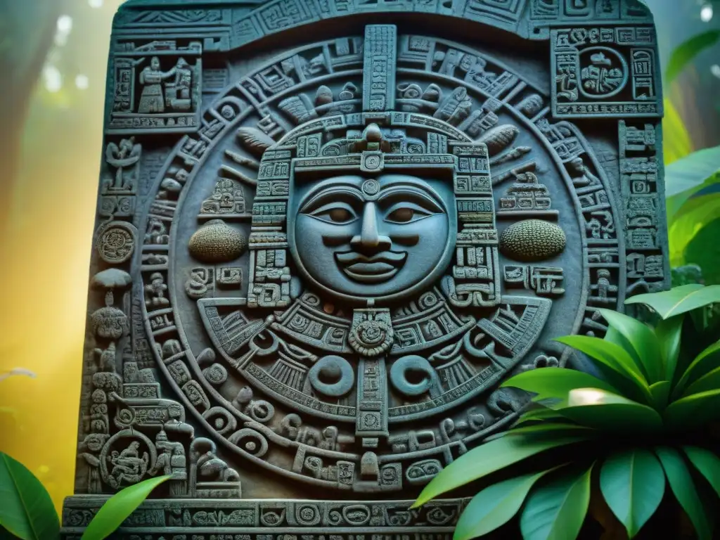 Detalle impresionante del tallado en una estela maya del Calendario Cuenta Larga