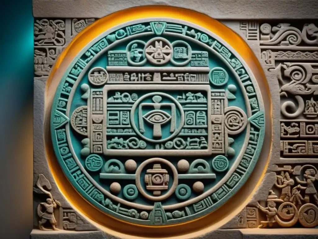 Detalle impresionante de un tallado de piedra del calendario maya, con jeroglíficos y colores vibrantes, reflejando la cultura maya y su cronología