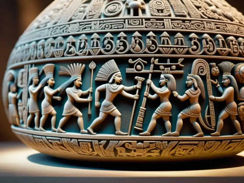 Detalle impresionante de un tallado de piedra que representa un ritual de juego de pelota de la civilización Maya