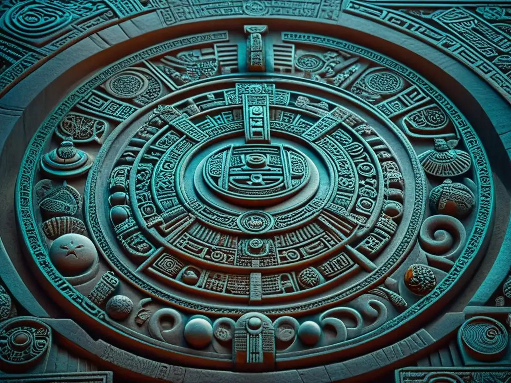 Detalle impresionante de tallados astronómicos mayas en monumento de piedra