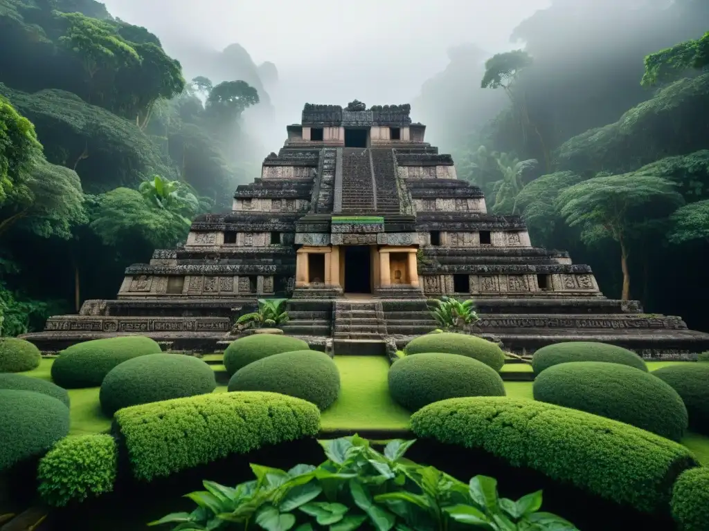 Detalle impresionante: tallados en piedra, naturaleza exuberante y simbiosis en construcciones mayas