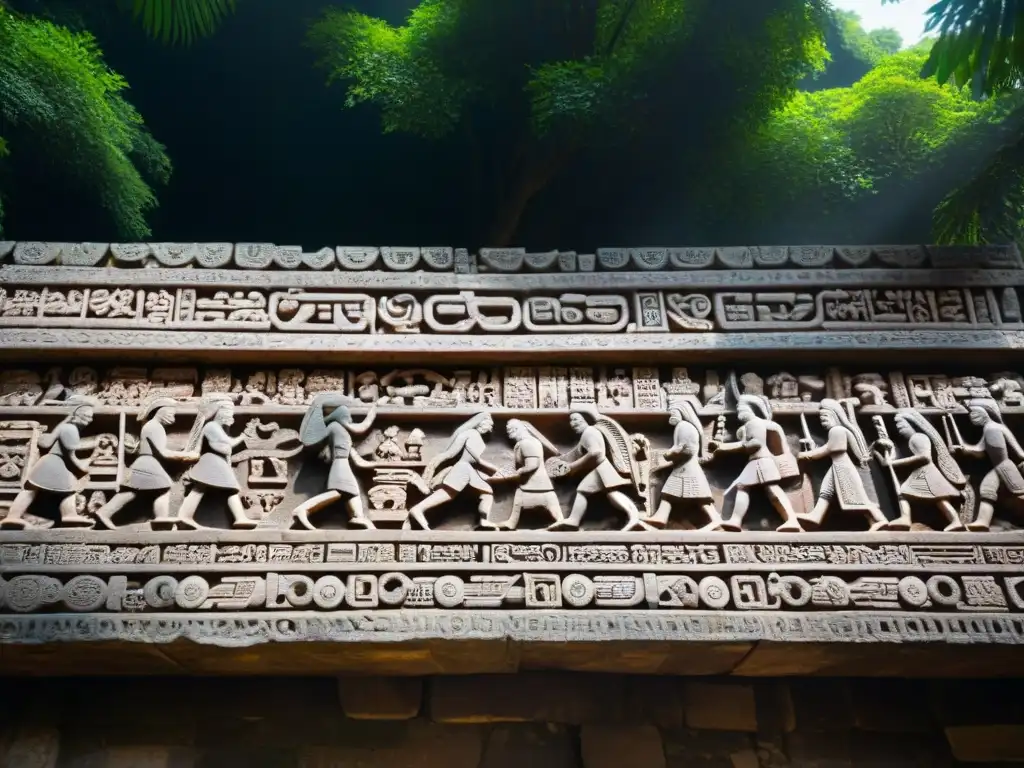 Detalle impresionante de las tallas de piedra en Yaxchilán, mostrando inscripciones y escenas rituales en Structure 33