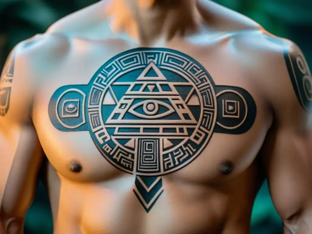 Detalle impresionante de un tatuaje de glifo maya, resaltando la artesanía y significado cultural de los símbolos mayas en tatuajes